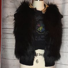 Preowned Unworn Faux Fur. Jeweled Neckline As Seen Knit Back Black Vest For Night Out In Fall, Black Winter Vest For Night Out, Fitted Michael Kors Winter Outerwear, Black Fall Party Vest, Black Party Vest For Fall, Jewel Neckline, Black Vest, Michael Kors Black, Faux Fur