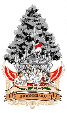 an image of some people sitting in front of a tree with the indonesian flag on it