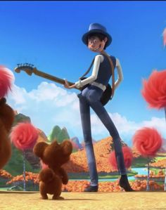 the animated character is playing guitar in front of some trees and teddy bears with red flowers