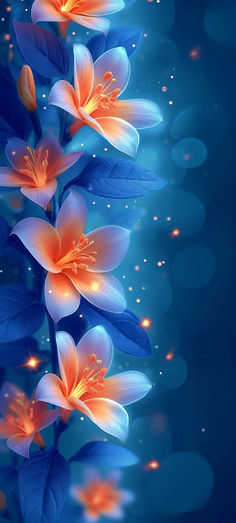 blue and orange flowers with sparkles in the background on a dark blue background wallpaper