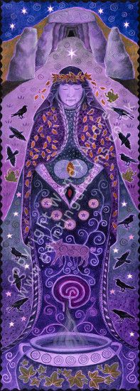 an image of a woman surrounded by birds in purple and blue colors with stars above her