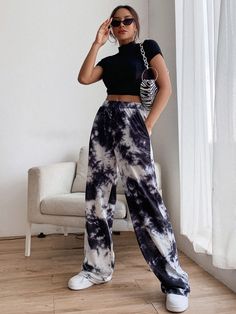 Black and White    Polyester Tie Dye  Embellished Slight Stretch Spring/Summer/Fall Women Bottoms Tie Dye Summer Outfits, Tie Dye Joggers Outfit, Tye Dye Pants Outfit, Tye Dye Sweatpants Outfit, Tye Dye Outfits Fashion, Tye Dye Outfits, Tie Dye Leggings Outfit, Tie Dye Sweatpants Outfit, Tie Dye Pants Outfit