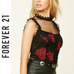 Forever 21 Blouse / Tank So Beautiful And Contemporary. Rose Detailing Originally $19.90 Place An Offer! Forever 21 Floral Embroidery Fitted Tops, Trendy Black Tops With Floral Embroidery, Doll Blouse, Bell Sleeve Crop Top, Turquoise Top, Beige Blouse, White Floral Top, Black Sleeveless Blouse, Brown Blouse