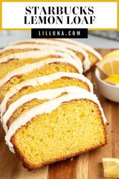 sliced lemon loaf with white icing on a cutting board