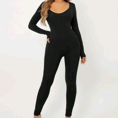 Scoop Neck Leotard Jumpsuit Stretch Bodysuit Overall For Loungewear, Stretch Loungewear Bodysuit Overall, Black Stretch Bodysuit With Scoop Neck, Black Stretch Scoop Neck Bodysuit, Black Stretch Leotard With Scoop Neck, Fitted Black Leotard With Scoop Neck, Black Stretch Full-length Bodysuit, Black Stretch Unitard For Loungewear, Trendy Black Bodysuit With Thumbholes