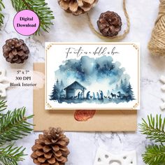 a christmas card with an image of a nativity scene and pine cones on the table