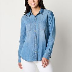 A denim shirt is essential for every wardrobe, and this long-sleeve style from a.n.a will be a go-to choice throughout the seasons. This women's button-down is cut for a regluar-fit from soft cotton with a spread collar, chest patch pockets, and long sleeves with button cuffs.Features: EssentialsClosure Type: ButtonFit: Regular FitNeckline: Collar NeckPockets: 2 Chest Slip PocketsSleeve Length: Long SleeveSleeve Style: Cuffed SleeveApparel Length: 28 InchesFiber Content: 100% CottonFabric Descri Button Front Shirt, The Seasons, Denim Shirt, Women Long Sleeve, Sleeve Styles, Button Downs, Shirts Tops, Button Down Shirt, Long Sleeves