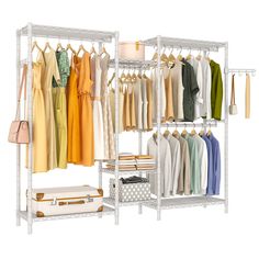 a white rack with clothes and purses on it