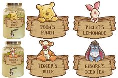 winnie the pooh and piglet's lemonade jars with labels on them