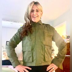 Nwot Army Green Jacket By Banana Republic. It Is Very Lightweight. As You Can See In The Pictures There Are Two Pockets In The Front They Have Snap Closures Zippers And Snaps Up The Front Closure, Snap Closure On The Wrist To Zipper Pockets On The Front And Is Waist Length. Fitted Utility Outerwear With Flap Pockets, Fitted Military Utility Jacket For Fall, Khaki Fitted Utility Jacket For Outdoor, Fitted Khaki Utility Jacket For Outdoor, Fall Khaki Windbreaker With Flap Pockets, Khaki Windbreaker With Flap Pockets For Fall, Fall Military Utility Jacket With Stand Collar, Fitted Fall Utility Jacket, Fitted Green Utility Jacket With Pockets