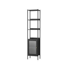 a tall black shelf with a tv on it