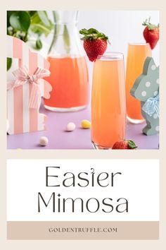 This Easter Mimosa is The perfect Easter Drink Recipe to try! If you make a brunch setup for Easter, this Easter recipe is the perfect brunch idea for your table! When selecting your grown-up refreshment for an Easter celebration, these bright, light Easter mimosas are perfect for an Easter egg hunt or Easter brunch. Strawberry peach juice is topped with a bubbly, light prosecco, and garnished with a fresh strawberry. Simple to make, and easy to drink, these are great drinks for a party. #Easter Easter Prosecco Cocktails, Easter Mimosa Recipe, Easter Mimosa Ideas, Easter Brunch Mimosa, Easter Mimosas, Easter Drinks For Adults, Easter Mimosa, Easter For Adults, Easter Breakfast Brunch