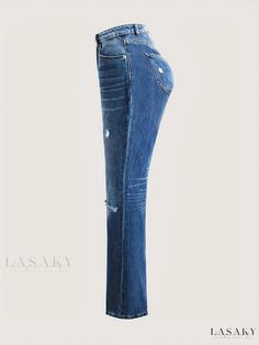 Lasaky - Womens Casual Denim Jeans: Blue Straight Jeans with Distressed Ripped Holes, Loose Fit and Slash Pockets Blue Denim Jeans With Holes, Fitted Ripped Washed Blue Flare Jeans, Fitted Washed Blue Ripped Flare Jeans, Ripped Blue Flare Jeans For Fall, Fitted Ripped Blue Flare Jeans, Blue Ripped Flare Jeans For Fall, Chic Ripped Denim Blue Flare Jeans, Summer Ripped Washed Blue Flare Jeans, Blue Ripped Flare Jeans For Summer