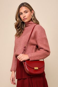 Afternoon coffee dates just got a little sweeter, thanks to the Perfect Sunday Rust Red Half Circle Crossbody Bag! Sturdy vegan leather shapes this weekend-ready bag that has a half-circle design with a golf rectangular clasp at the front. Foldover flap opens to reveal a roomy interior with a zippered sidewall pocket and a sidewall slot. Adjustable shoulder strap boasts two functional buckles for a customizable fit! Gold hardware throughout. Lined. Bag measures 8. 5" wide, 5. 5" tall, and 2" dee Casual Formal Dresses, Afternoon Coffee, Classy Winter Outfits, Coffee Dates, Lulu Fashion, Casual Wedding Dress, Half Circle, Genuine Leather Bags, Going Out Outfits