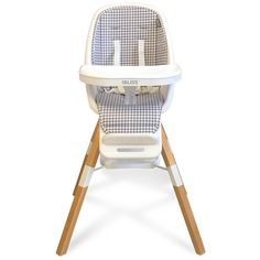 a baby high chair with wooden legs and seat pad on it's back, against a white background