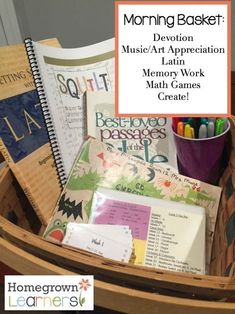 a basket filled with lots of books and writing materials