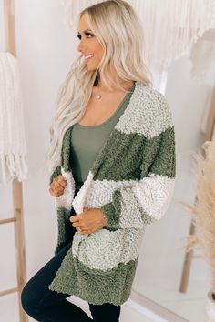 This Light Olive Striped, Popcorn Knit Cardigan Is So Comfortable, It's Like Surrounding Yourself In A Hug! $29, FAST AND FREE US SHIPPING! Wardrobe Styling, Clothing Subscription, Pockets Design, Styling Inspiration, Cute Comfy Outfits, Find Your Style, Comfy Outfits, Full Sleeve