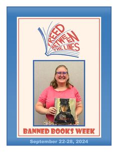 a woman holding up a book with the words banned books week on it