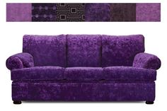 a purple couch with two matching pillows on top and one in the middle, sitting next to each other