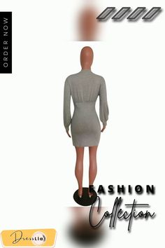 Elegant Women Long Sleeve Solid Lantern Sleeve Bodycon Dress Fitted Solid Gray Dress, Casual Sheath Bodycon Dress For Fall, Chic Gray Stretch Bodycon Dress, Gray Long Sleeve Bodycon Mini Dress, Bodycon Solid Color Mini Dress For Work, Casual Bodycon Mini Dress For Work, Gray Stretch Knee-length Bodycon Dress, Chic Gray Stretch Mini Dress, Chic Stretch Gray Mini Dress