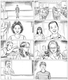 a comic strip with people talking to each other in front of a classroom full of desks