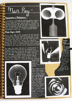 an open book with black and white pictures on it, including light bulbs in the middle