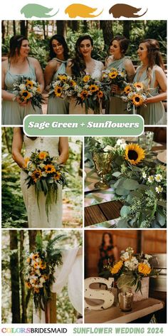 sunflowers and greenery are used to decorate the bridesmaid's bouquets