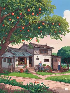 an orange tree in front of a house with two people sitting on the porch under it