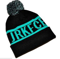 Beanie Details: - JRKFCE Brand - 100% Acrylic Material - Super Comfortable - Black Beanie with teal bars and JRKFCE design - Cuff Beanie  - One size fits all ( It is on the snug, tight fitting but will stretch out through time to fit your head if it is too small) - Do not machine wash as it will shrink, unless you want children or babies to wear them. Beanies Streetwear, Streetwear Hats, Handmade Beanies, Black Beanie, Alt Fashion, Pom Beanie, Acrylic Material, Pom Poms, Snowboarding