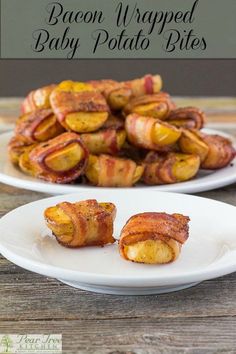 two white plates with bacon wrapped bananas on them