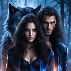 two people standing next to each other in front of a wolf