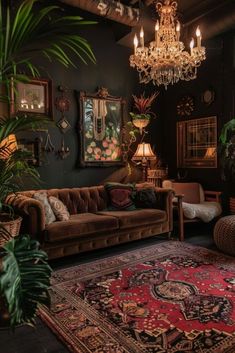 a living room filled with furniture and a chandelier hanging from the ceiling over a rug