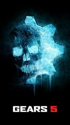 the poster for gears 5, which features a skull with ice on its face and an icy