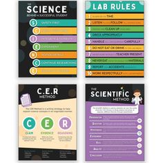 four different posters with the words science and lab rules on them, one for each student