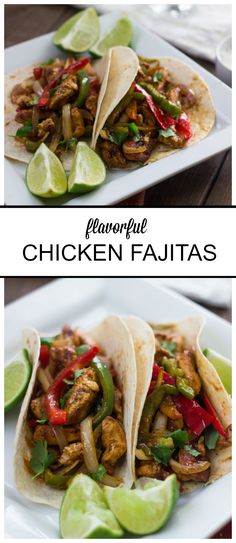 chicken fajitas on a plate with lime wedges