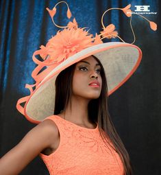 Ivory wide brim hat couture classical hat for elegant ladies. Wear it at the weddings, or church or Ascot or Derby or club events- you will be definitely make a statement! This hat is made of ivory and orange sinamay and adorned with large feather flowers and quills. Sinamay loops add an extra touch. It can be made in a wide range of colors and sizes..Please email me about the options and I'll try to make sure it happens for you. Also I'll make it fit right for you. Please try to order your hat Royal Ascot Ladies Day, Ascot Ladies Day, Derby Attire, Ladies Caftan, Fashion Competition, Derby Fashion, Orange Hat, Royal Ascot Hats, Derby Outfits