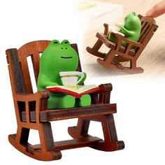 a toy frog sitting in a rocking chair with a book and coffee cup on it