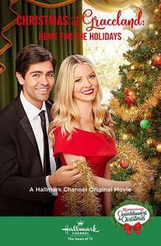 a christmas at graceland home for the holidays poster with a man and woman standing in front of a christmas tree