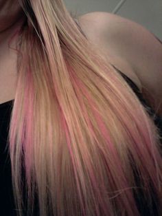 #hair Streaks Of Pink In Hair, Pink Strip In Blonde Hair, Light Blonde Hair With Color Streaks, Blonde With Coloured Streaks, Pink In Blonde Hair Highlights, Dyed Hair Ideas For Blondes, Blonde Curly Hair Pink Highlights, Straight Hair Pink Highlights, Dark Pink Hair With Light Pink Highlights