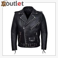 Mens Black Fashion Studded Punk Style Leather Jacket Leather Jacket With Rivets, Leather Jacket With Rivets Long Sleeve, Rock Style Leather Jacket With Long Sleeves, Rock Style Long Sleeve Leather Jacket, Winter Rock Style Leather Biker Jacket, Leather Biker Jacket With Rivets, Rock Style Leather Jacket For Fall, Rocker Leather Outerwear With Rivets, Biker Leather Outerwear With Rivets