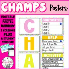 CHAMPS is an evidence based program that helps classroom teachers develop an effective classroom management plan. The acronym CHAMPS reflects the type of expectations that you use in your classroom. To run a successful classroom, each activity needs to have specific expectations for students to follow. So, what does CHAMPS stand for?C - Conversation = Can students talk? Can students talk to each other?H - Help = How do students get their questions answered?A - Activity = What activity is taking Champs Posters Elementary, Champs Behavior Management, Middle School Anchor Charts, Junior High Classroom, Champs Classroom Management, Middle School Posters, Classroom Expectations Poster, Champs Posters, Behavior Tips