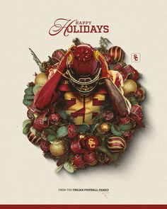 a holiday card with an image of a football player surrounded by ornaments