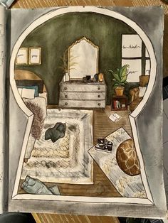 a drawing of a bedroom with a bed and mirror on the wall next to it