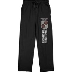 Join your favorite characters on your favorite anime show with this pair of Attack on Titan anime men's Garrison Regiment text and symbol black sleep pants! The Attack on Titan anime cartoon fan apparel is a pair of men's black lounge wear pants made of a high-quality blend of cotton and polyester material and has a drawstring waistband so you can adjust for the perfect, comfortable fit. The Attack on Titan anime cartoon fan merchandise features a bold Garrison Regiment text and symbol on the le Black Lounge Wear, Black Pajama Pants, Anime Show, Black Lounge, Cartoon Fan, Titan Anime, Sleep Pants, Pants Large, Anime Cartoon