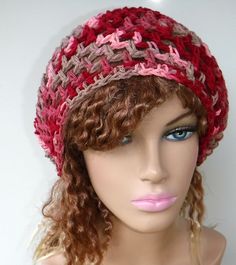 Made with 100% cotton in dark rose, pink and taupe. Wear it to the beach, while gardening or driving. Or work to cover up your hair or moderate dreads. It will hold up your hair or you can just let it sag in the back. Vegan suitable. The pictures show 2 fits: wig and braids tucked into the hat and how it fits if the hair is not tucked in. Measurements: Width at rim 21 inches, stretches to 25 inches and cinches smaller with a drawstring, Length from crown to rim 11 inches which is a popular lengt Pink Bohemian Crochet Hat For Winter, Adjustable Pink Crochet Beanie Hat, Bohemian Pink Hand-knitted Crochet Hat, One-size Bohemian Beanie, Small Dreads, Pink Yarn Beanie, One Size Fits Most, Summer Beanie, Slouchy Beanie Hat, Slouch Hat