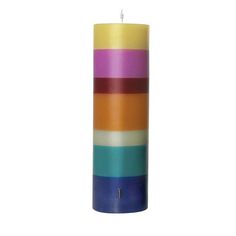 a multicolored pillar candle with a single lit candle in the middle, on a white background