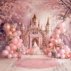 a pink princess themed birthday party with balloons