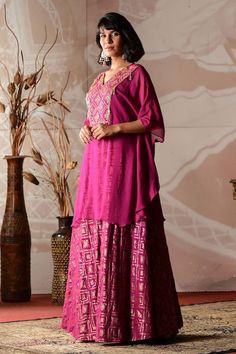 Pinkish wine kaftan with geometric woven motifs and cutdana embroidery. Paired with short inner and geometric woven skirt. - Aza Fashions Pink Kaftan, Embroidery Geometric, Cutdana Embroidery, Fashion App, Set For Women, Flared Sleeves, Aza Fashion, Skirt Set, Wine