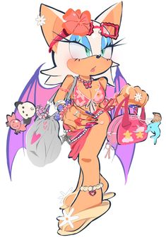 an image of a cartoon cat holding a purse and wearing swimsuit with flowers on it