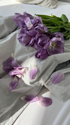 purple flowers are laying on the bed